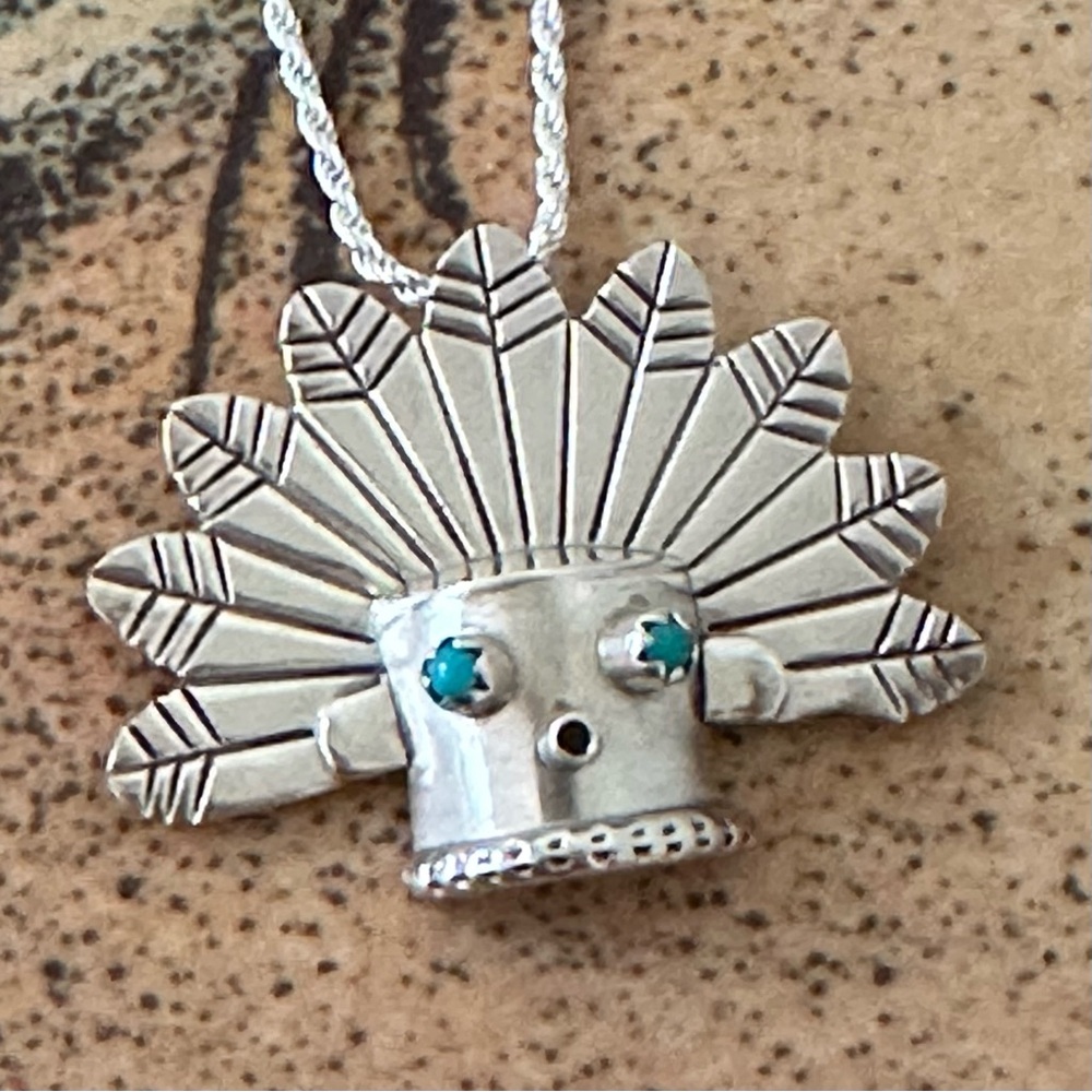 Vintage Sterling Silver Turquoise Kachina Pendant Necklace Native American Style - Picture 4 of 10